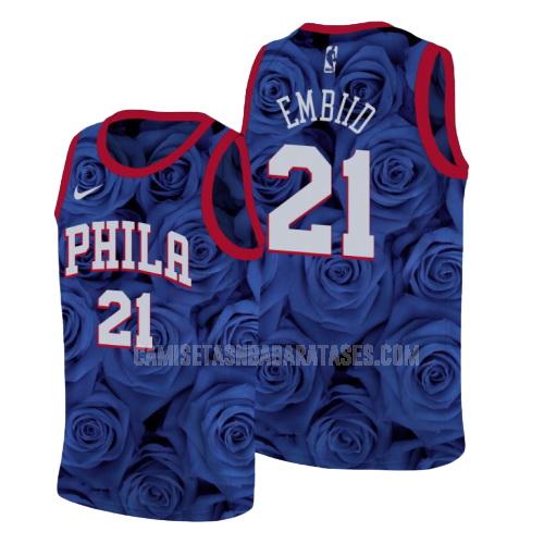camiseta joel embiid de la philadelphia 76ers 21 azul flor rosa hombres